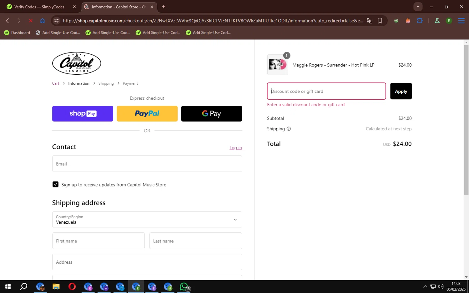 Capitol Records discount code screenshot showing code BABYCAT applied at Capitol Records checkout page. Uploaded by SimplyCodes community member NachoRed on Feb 5, 2025