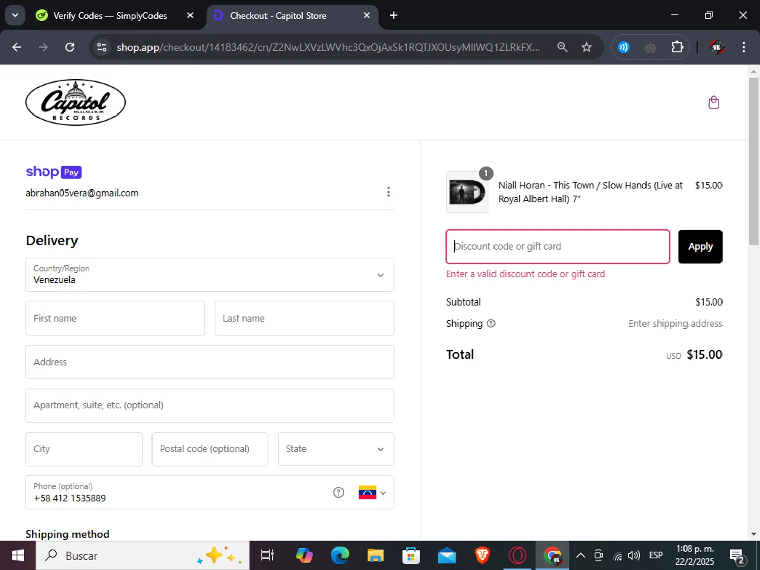 Capitol Records discount code screenshot showing code BABYCAT applied at Capitol Records checkout page. Uploaded by SimplyCodes community member TreasureAdmiral6867 on Feb 22, 2025