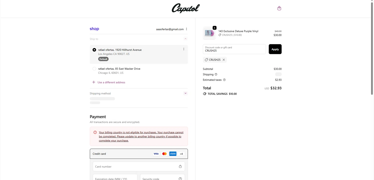 Capitol Records checkout page showing Capitol Records discount code box | Screenshot taken by SimplyCodes community member on Jan 29, 2026