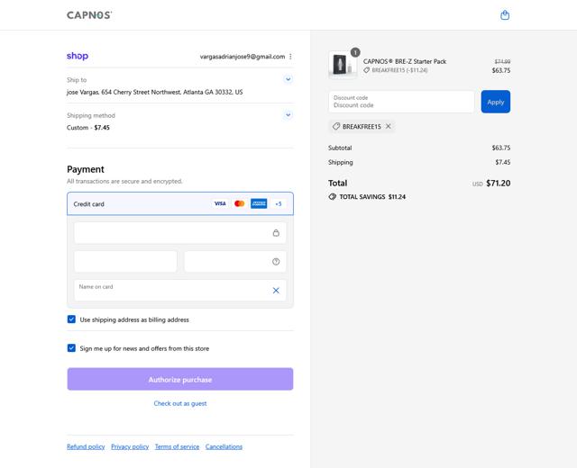 CAPNOS checkout page showing CAPNOS discount code box | Screenshot taken by SimplyCodes community member on Sep 16, 2025