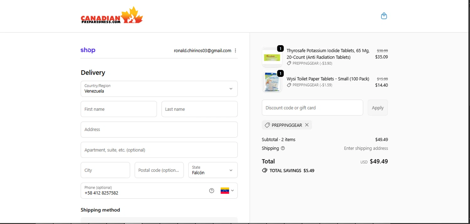 Canadian Preparedness promo code screenshot showing code PREPPINGGEAR applied at Canadian Preparedness checkout page. Uploaded by SimplyCodes community member ValiantMaverick169 on Feb 18, 2026