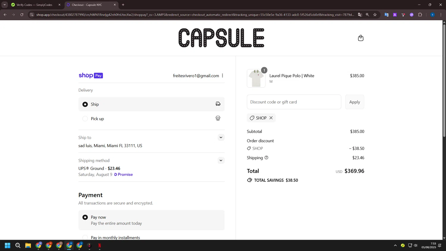 Capsule NYC promo code screenshot showing code SHOP applied at Capsule NYC checkout page. Uploaded by SimplyCodes community member ExtraordinarySleuth4345 on Aug 5, 2025