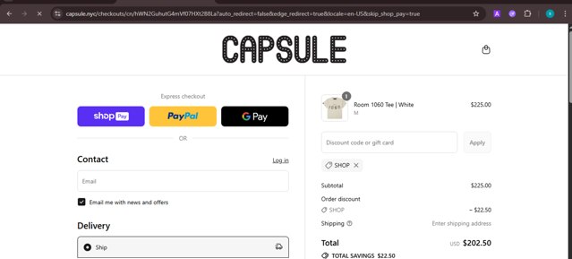 Capsule NYC checkout page showing Capsule NYC promo code box | Screenshot taken by SimplyCodes community member on Aug 27, 2025