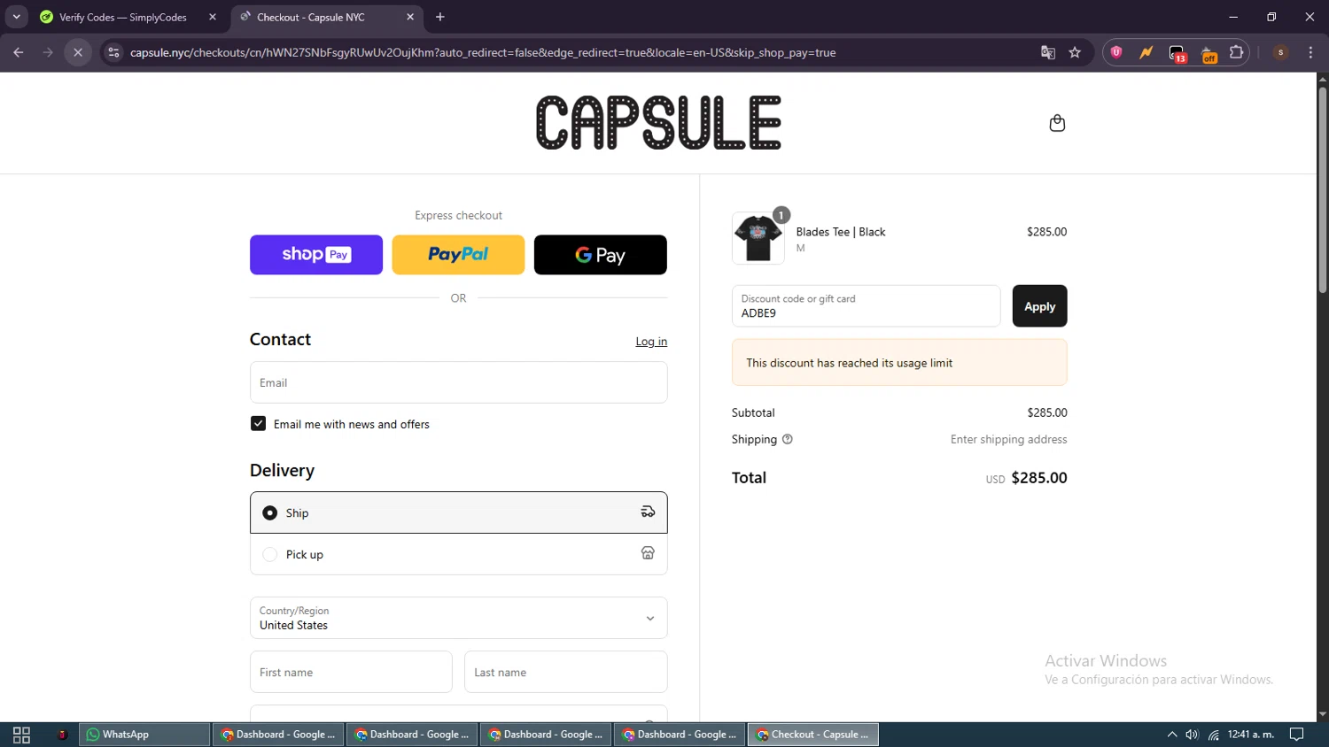 Capsule NYC promo code screenshot showing code ADBE9 applied at Capsule NYC checkout page. Uploaded by SimplyCodes community member GoldSentinel1426 on Aug 23, 2025