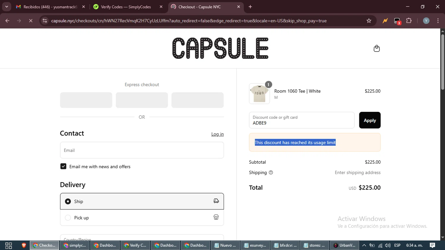 Capsule NYC promo code screenshot showing code ADBE9 applied at Capsule NYC checkout page. Uploaded by SimplyCodes community member MoneyTiger5162 on Aug 23, 2025