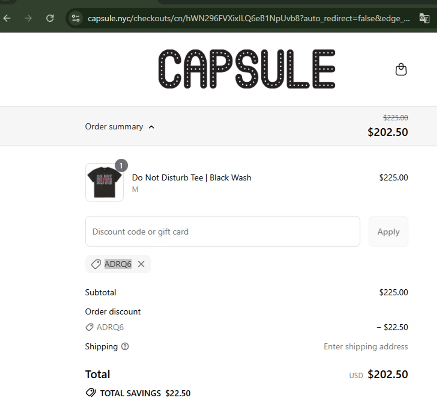 Capsule NYC promo code screenshot showing code ADRQ6 applied at Capsule NYC checkout page. Uploaded by SimplyCodes community member Carolina23 on Aug 23, 2025