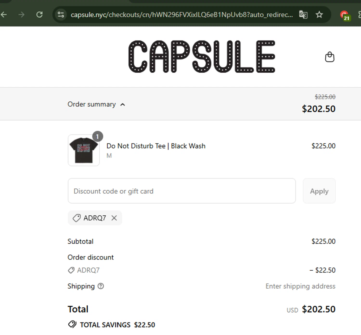Capsule NYC promo code screenshot showing code ADRQ7 applied at Capsule NYC checkout page. Uploaded by SimplyCodes community member CoinWhiz5156 on Aug 29, 2025