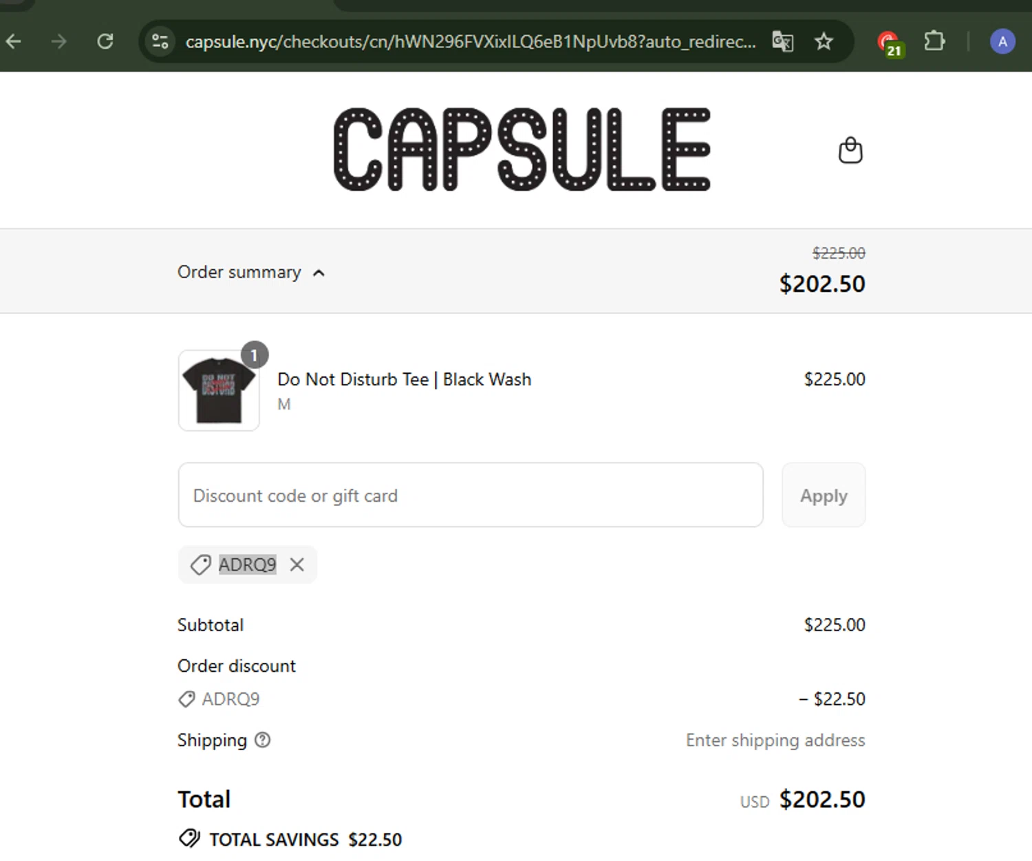 Capsule NYC promo code screenshot showing code ADRQ9 applied at Capsule NYC checkout page. Uploaded by SimplyCodes community member CoinWhiz5156 on Aug 29, 2025