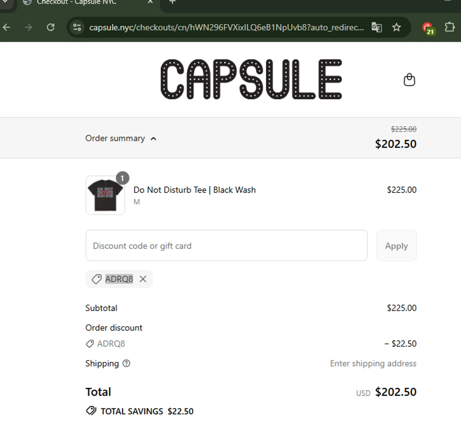 Capsule NYC promo code screenshot showing code ADRQ8 applied at Capsule NYC checkout page. Uploaded by SimplyCodes community member CoinWhiz5156 on Aug 29, 2025