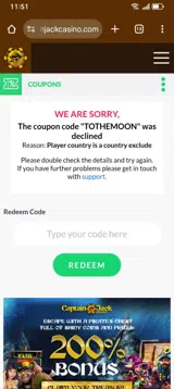 Captain Jack Casino coupon verification screenshot