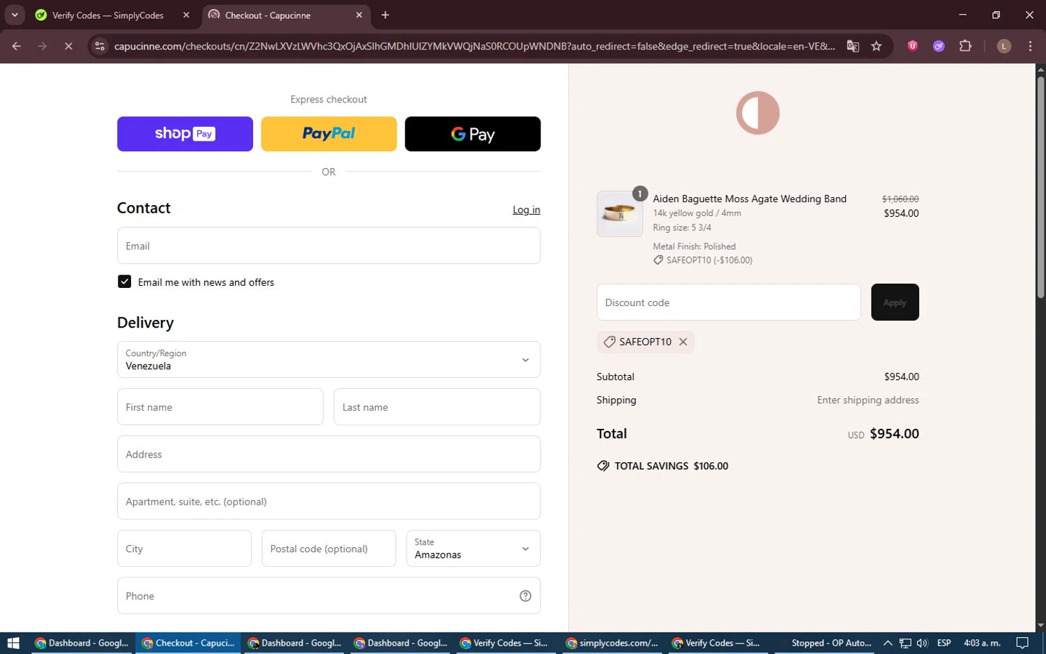 Capucinne discount code screenshot showing code SAFEOPT10 applied at Capucinne checkout page. Uploaded by SimplyCodes community member BrilliantTiger9986 on Jun 11, 2025