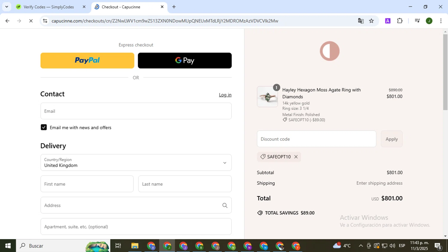 Capucinne discount code screenshot showing code SAFEOPT10 applied at Capucinne checkout page. Uploaded by SimplyCodes community member CleverSeeker3529 on Mar 12, 2025