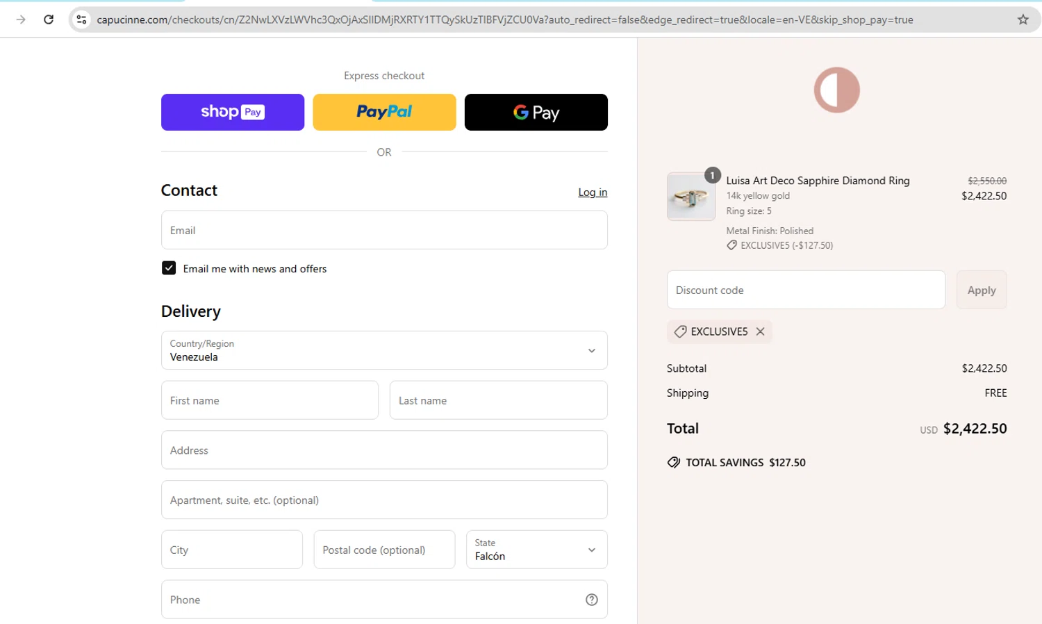Capucinne discount code screenshot showing code EXCLUSIVE5 applied at Capucinne checkout page. Uploaded by SimplyCodes community member YHLQMDLGN on Jun 22, 2025