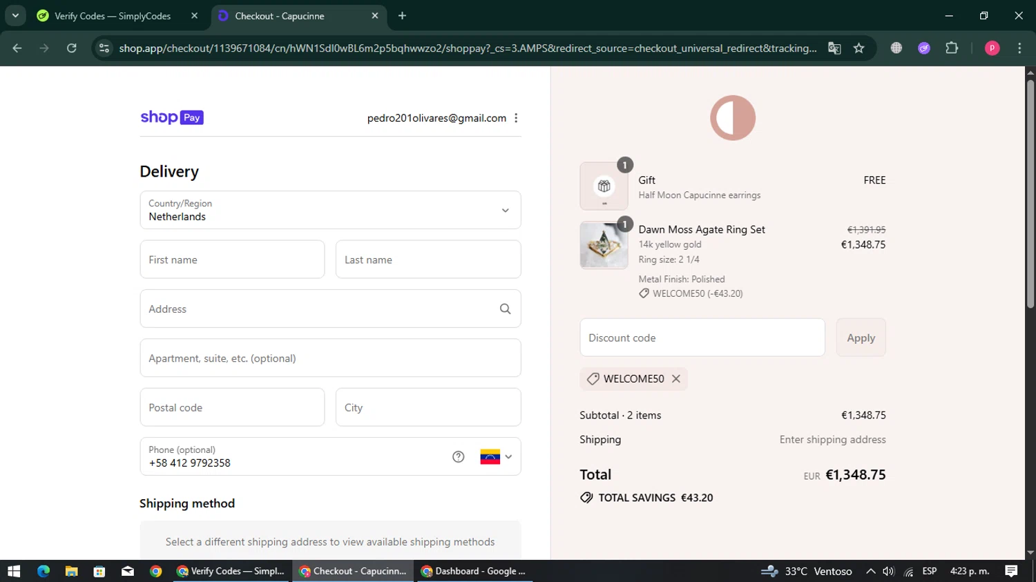 Capucinne discount code screenshot showing code WELCOME50 applied at Capucinne checkout page. Uploaded by SimplyCodes community member ExtraordinaryBoss3426 on Aug 5, 2025