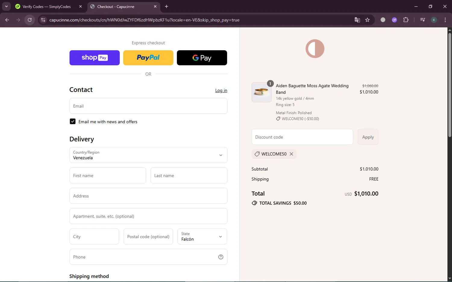 Capucinne discount code screenshot showing code WELCOME50 applied at Capucinne checkout page. Uploaded by SimplyCodes community member Ronny50 on Jul 15, 2025