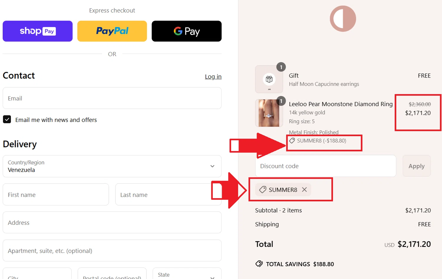 Capucinne discount code screenshot showing code SUMMER8 applied at Capucinne checkout page. Uploaded by SimplyCodes community member kattylar on Jun 26, 2025