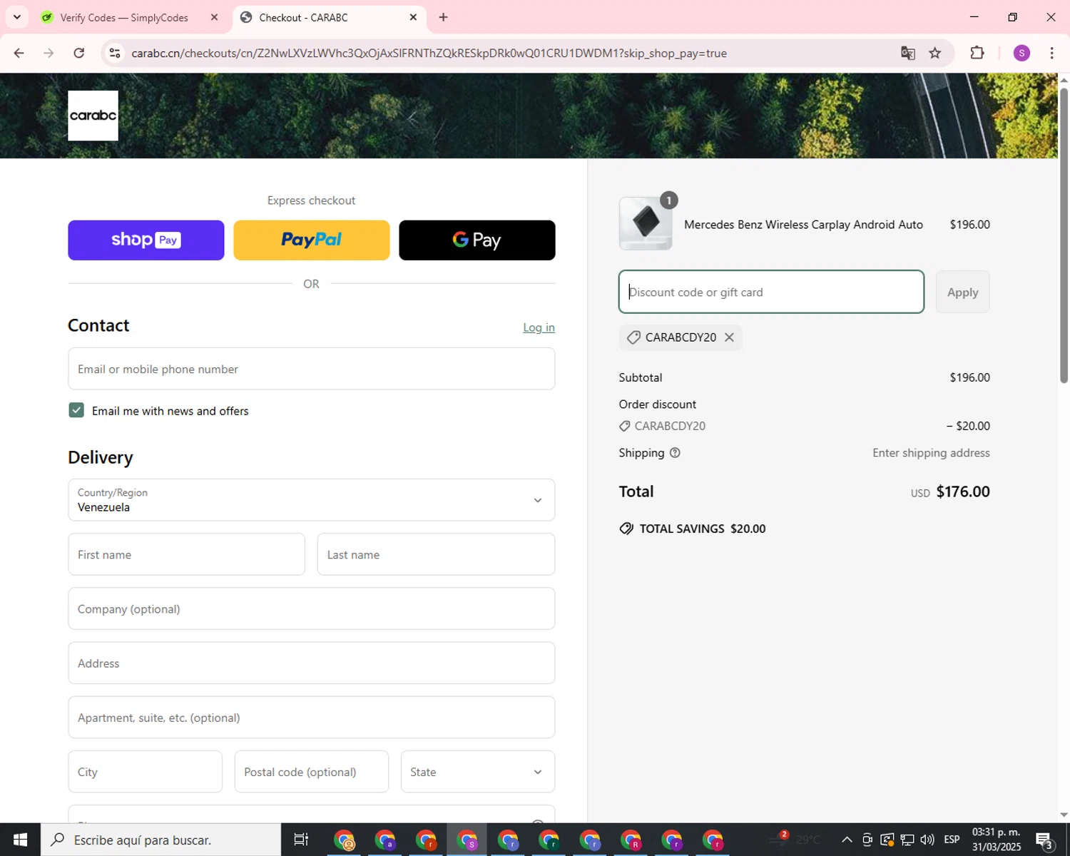 CARabc promo code screenshot showing code CARABCDY20 applied at CARabc checkout page. Uploaded by SimplyCodes community member CouponScout7561 on Mar 31, 2025