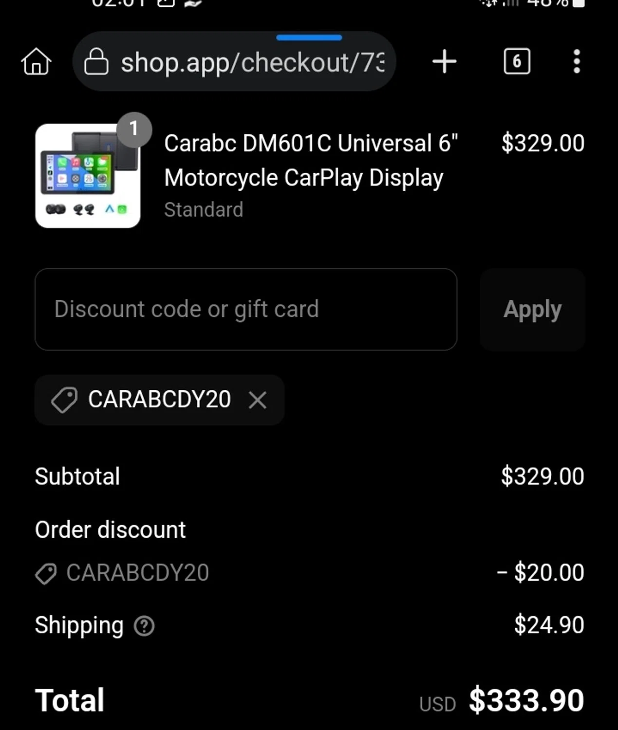 CARabc promo code screenshot showing code CARABCDY20 applied at CARabc checkout page. Uploaded by SimplyCodes community member Sukuna_ on Jul 19, 2025
