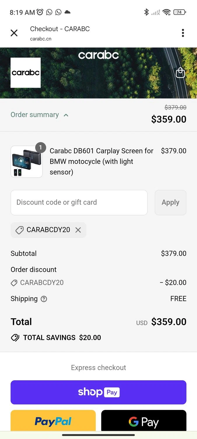 CARabc promo code screenshot showing code CARABCDY20 applied at CARabc checkout page. Uploaded by SimplyCodes community member dororotk on Aug 9, 2025