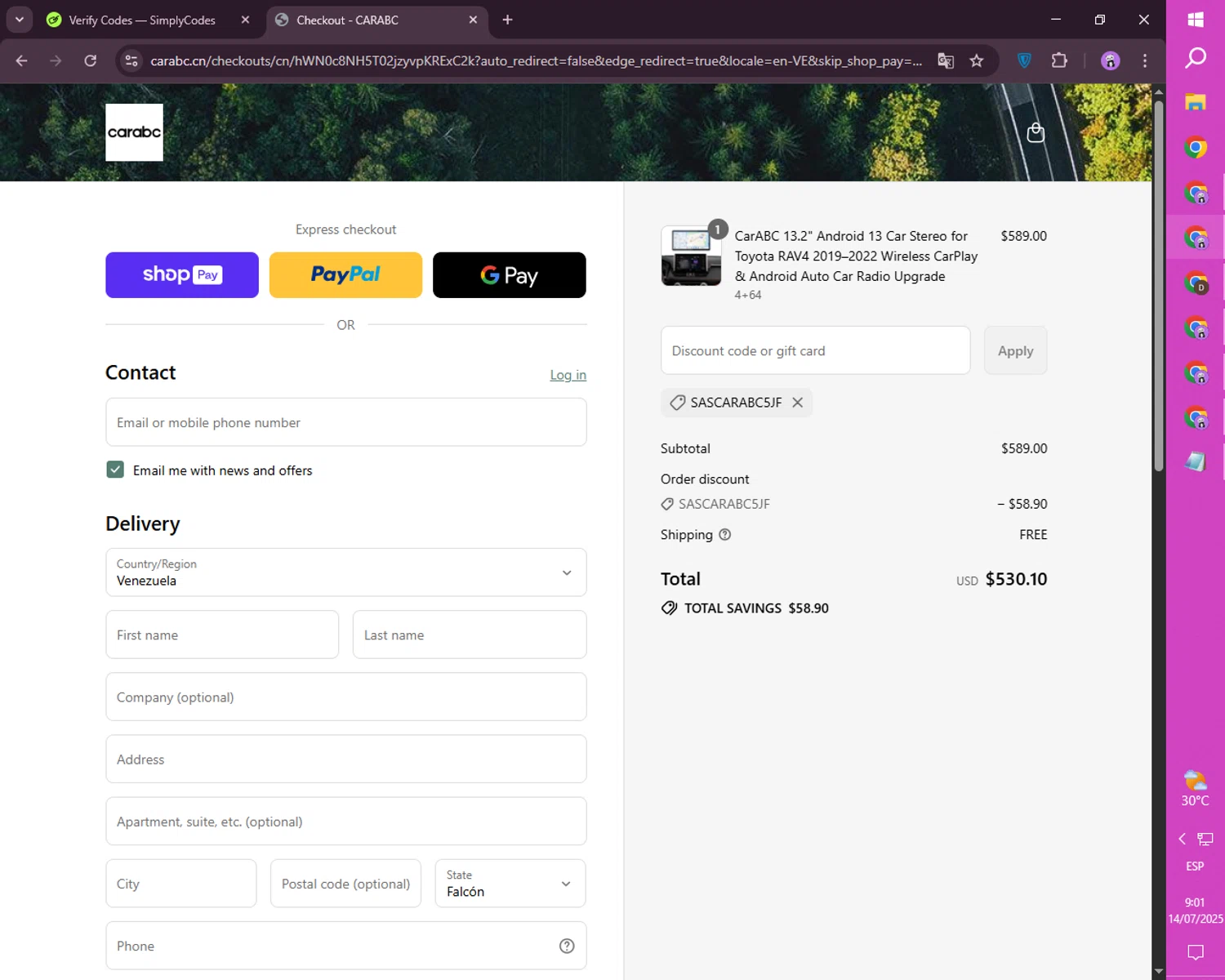 CARabc promo code screenshot showing code SASCARABC5JF applied at CARabc checkout page. Uploaded by SimplyCodes community member CashSaver4711 on Jul 14, 2025