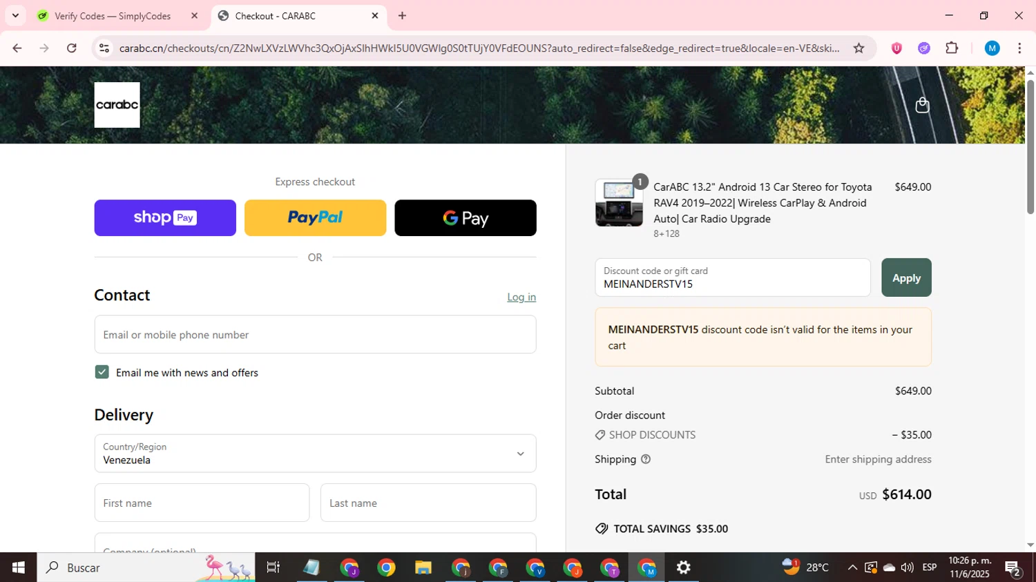 CARabc promo code screenshot showing code MEINANDERSTV15 applied at CARabc checkout page. Uploaded by SimplyCodes community member LegendaryCurator1585 on Jun 12, 2025