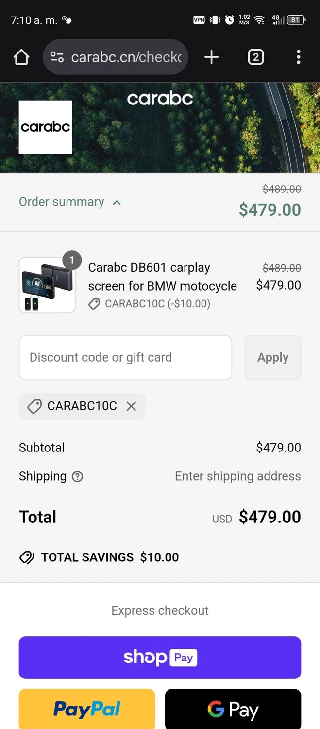 CARabc promo code screenshot showing code CARABC10C applied at CARabc checkout page. Uploaded by SimplyCodes community member Diego_Soto on Mar 29, 2025