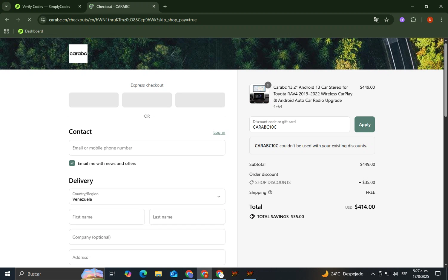 CARabc promo code screenshot showing code CARABC10C applied at CARabc checkout page. Uploaded by SimplyCodes community member LegendaryCollector9893 on Aug 17, 2025