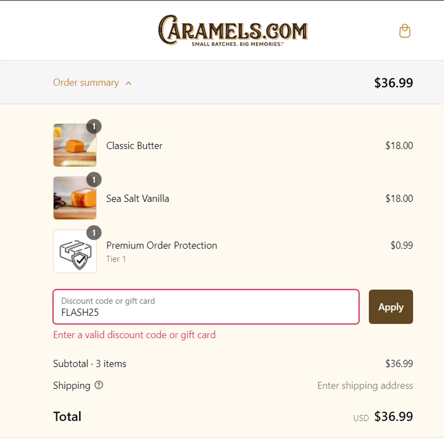 Caramels.com promo code screenshot showing code FLASH25 applied at Caramels.com checkout page. Uploaded by SimplyCodes community member Draken on Feb 10, 2025