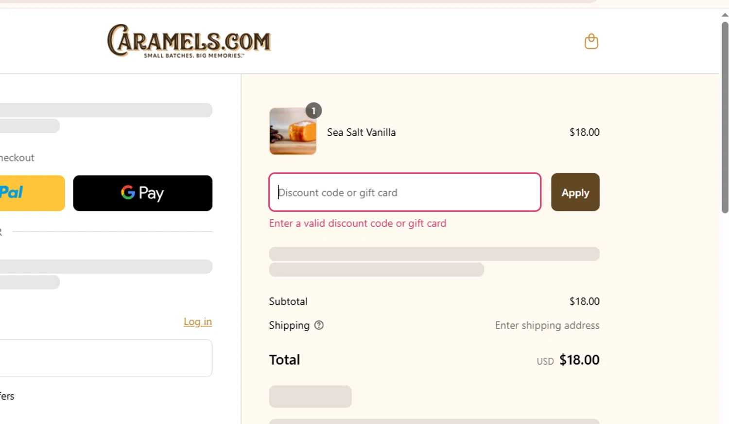 Caramels.com promo code screenshot showing code FLASH25 applied at Caramels.com checkout page. Uploaded by SimplyCodes community member DealOwl9228 on Mar 17, 2025