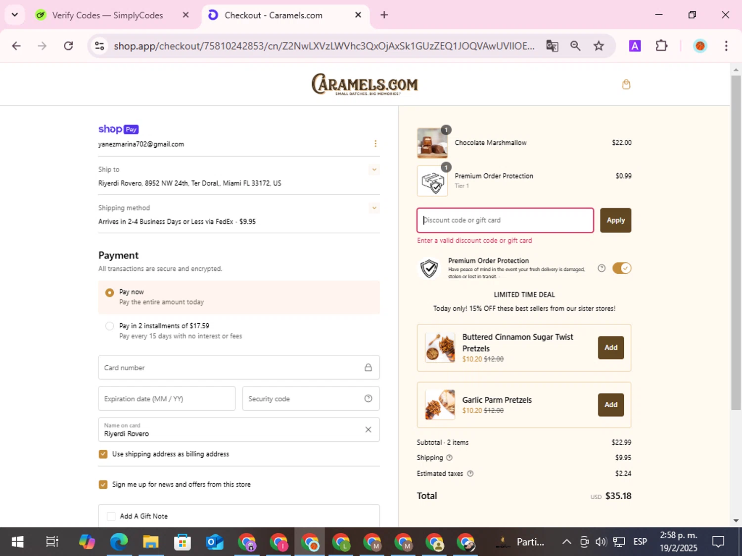 Caramels.com promo code screenshot showing code FLASH25 applied at Caramels.com checkout page. Uploaded by SimplyCodes community member ShieldDefender9117 on Feb 19, 2025