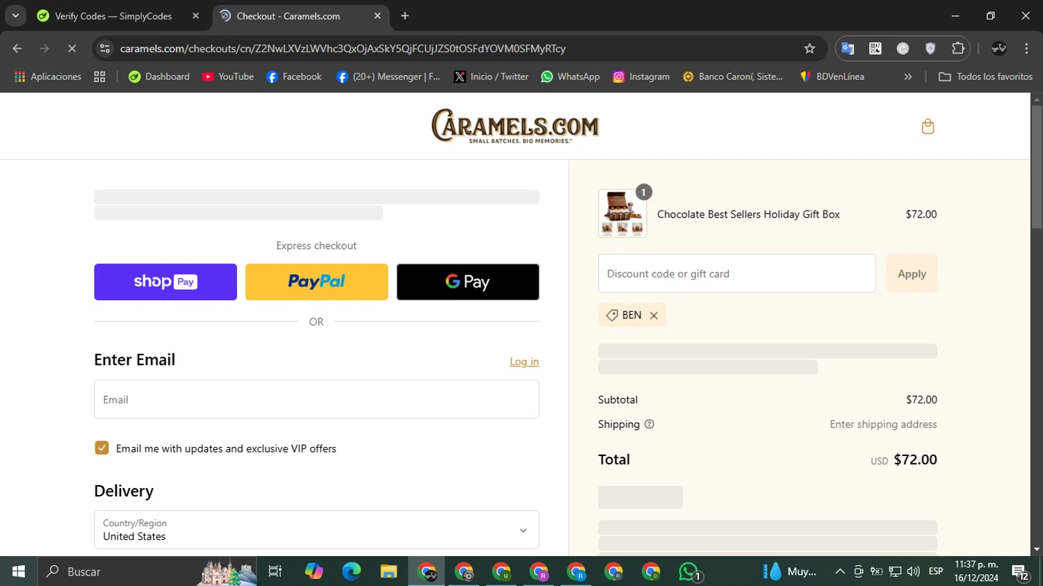 Caramels.com checkout page showing Caramels.com promo code box | Screenshot taken by SimplyCodes community member on Dec 17, 2024