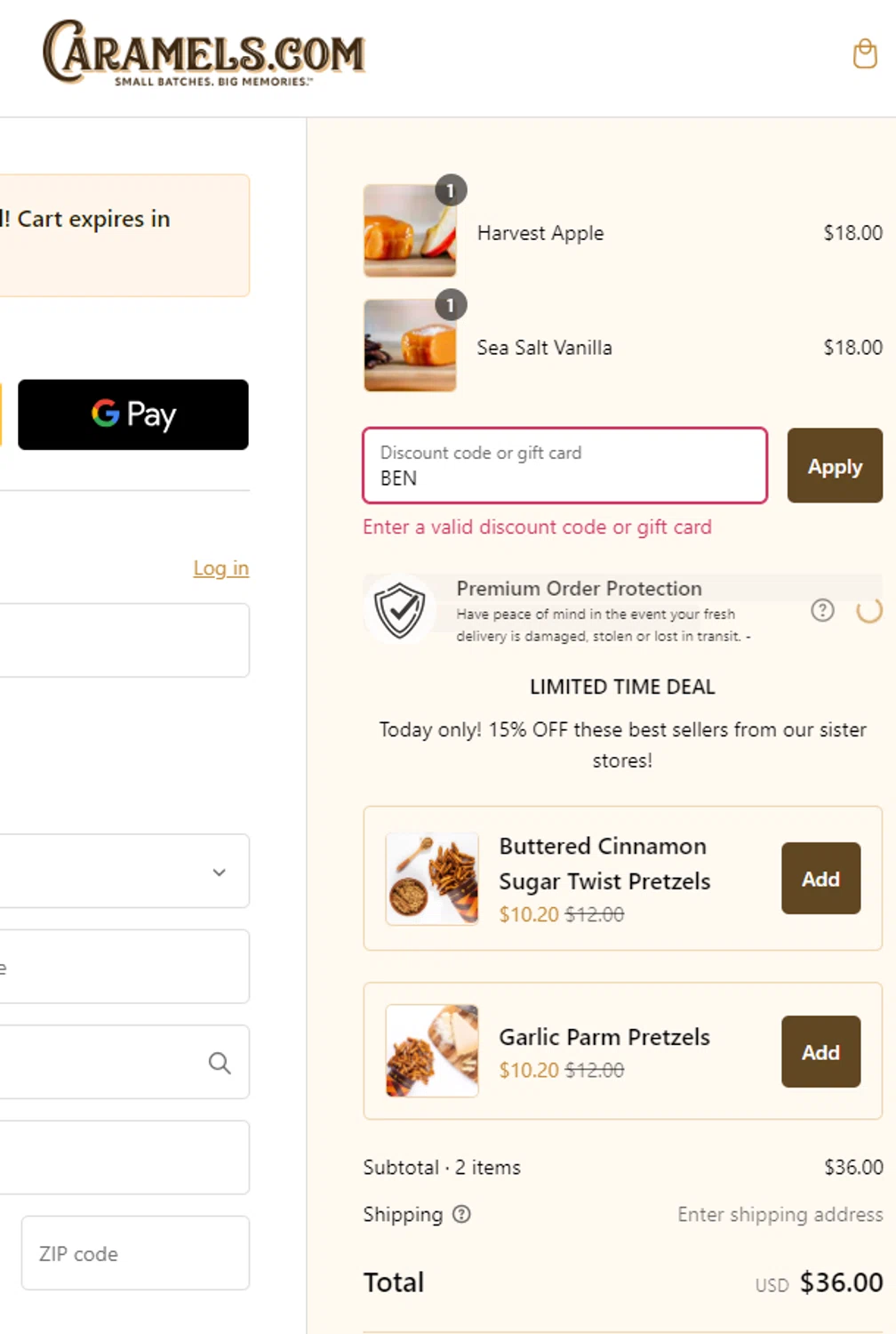 Caramels.com promo code screenshot showing code BEN applied at Caramels.com checkout page. Uploaded by SimplyCodes community member NobleOwl1768 on Feb 19, 2025