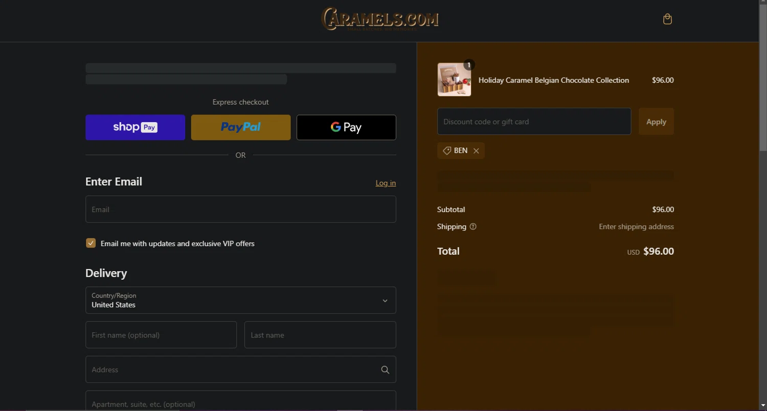 Caramels.com checkout page showing Caramels.com promo code box | Screenshot taken by SimplyCodes community member on Dec 17, 2024