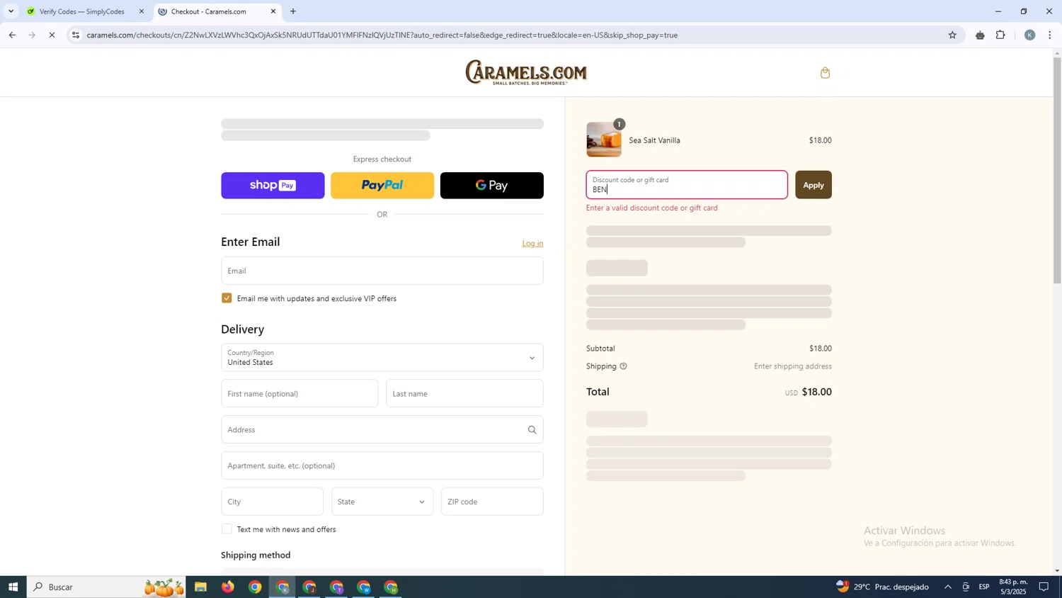 Caramels.com promo code screenshot showing code BEN applied at Caramels.com checkout page. Uploaded by SimplyCodes community member SavingsBoss9912 on Mar 6, 2025
