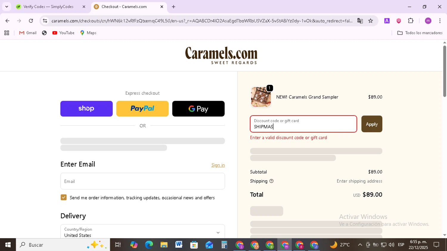 Caramels.com promo code screenshot showing code SHIPMAS applied at Caramels.com checkout page. Uploaded by SimplyCodes community member BudgetMonarch8952 on Dec 22, 2025