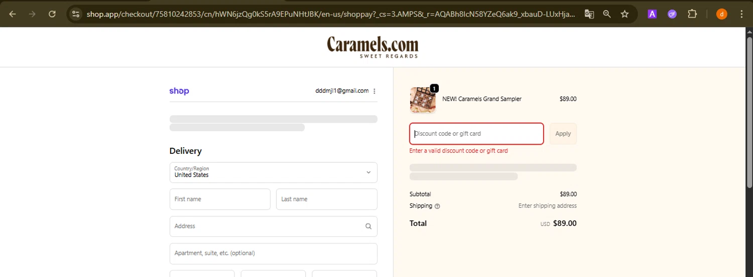 Caramels.com promo code screenshot showing code SHIPMAS applied at Caramels.com checkout page. Uploaded by SimplyCodes community member PennyAdmiral6960 on Dec 22, 2025