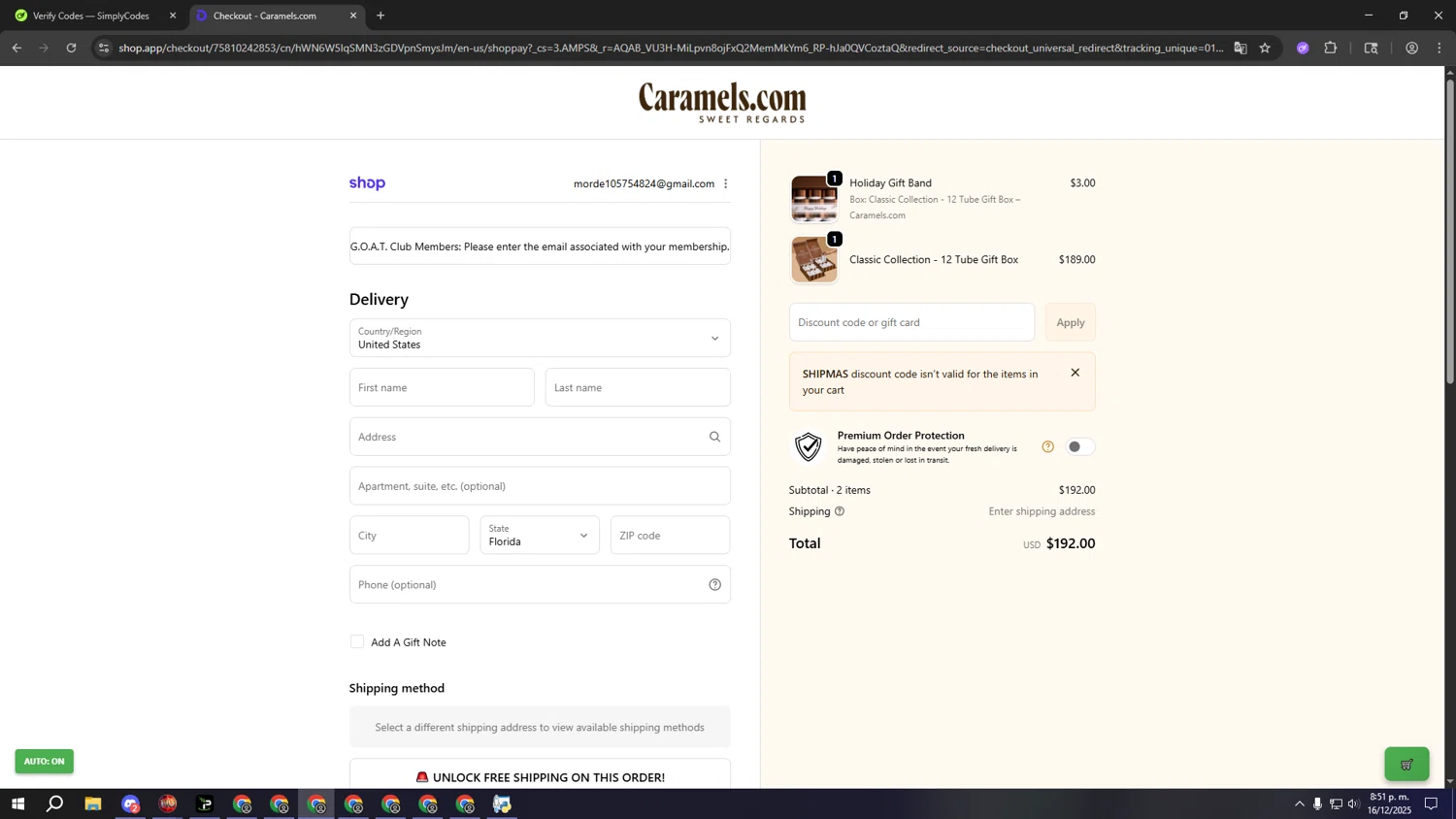 Caramels.com checkout page showing Caramels.com promo code box | Screenshot taken by SimplyCodes community member on Dec 17, 2025