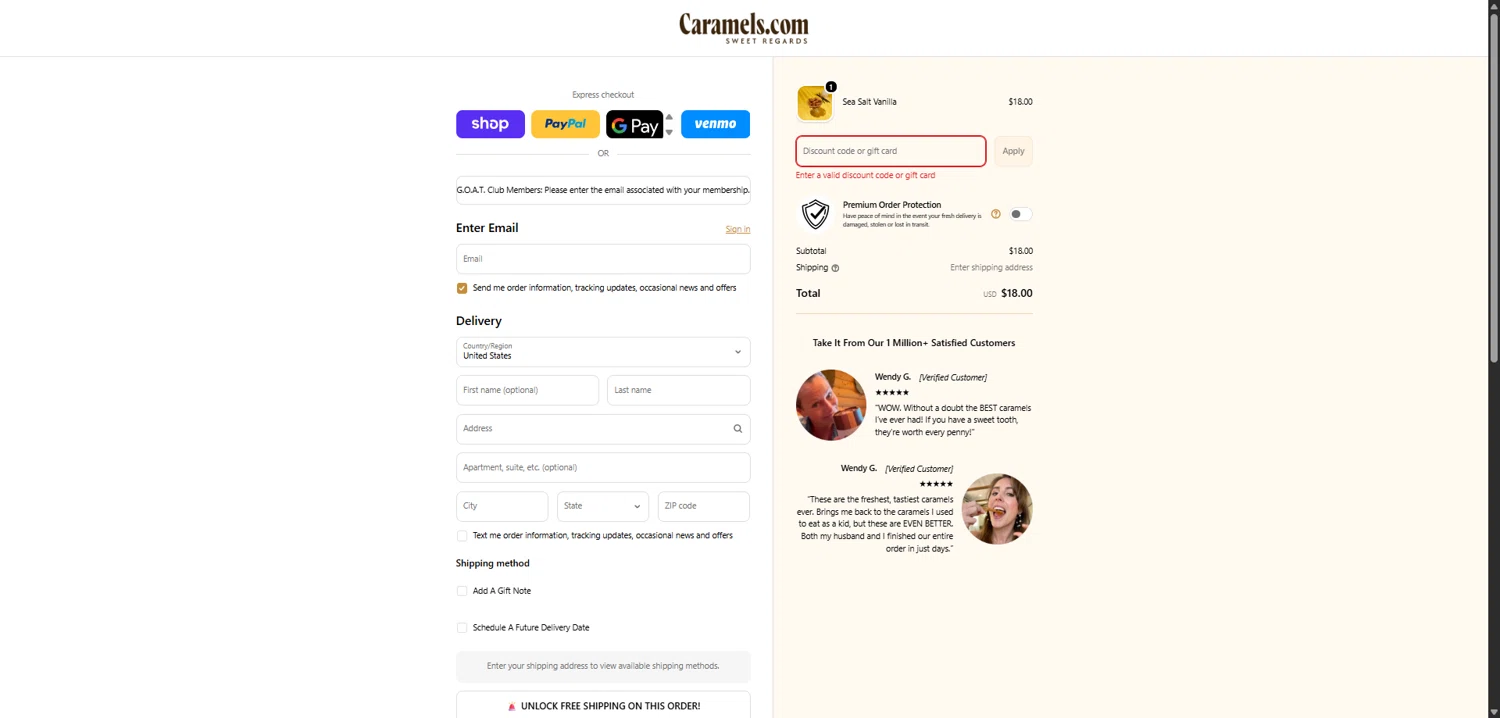 Caramels.com promo code screenshot showing code NN6N57QN applied at Caramels.com checkout page. Uploaded by SimplyCodes community member TokenFalcon7462 on Jan 17, 2026