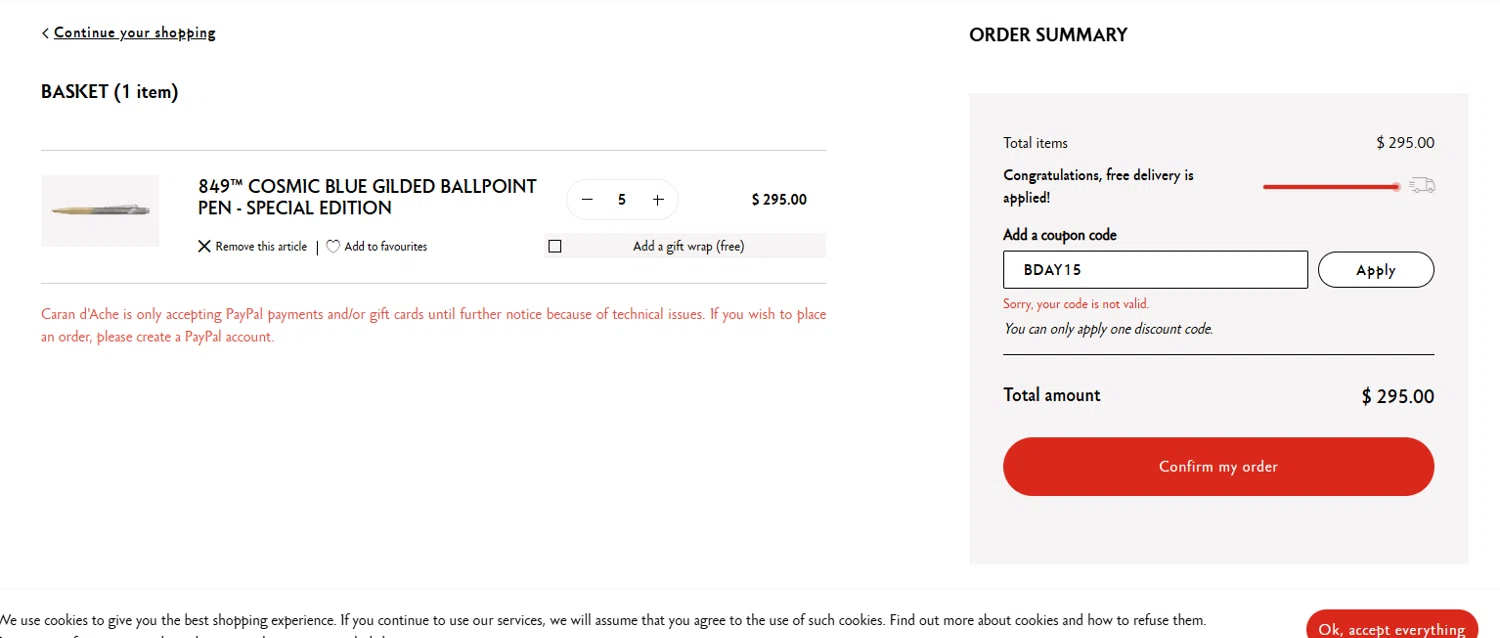 Caran d'Ache promo code screenshot showing code bday15 applied at Caran d'Ache checkout page. Uploaded by SimplyCodes community member sapphire_nitro on Apr 15, 2025