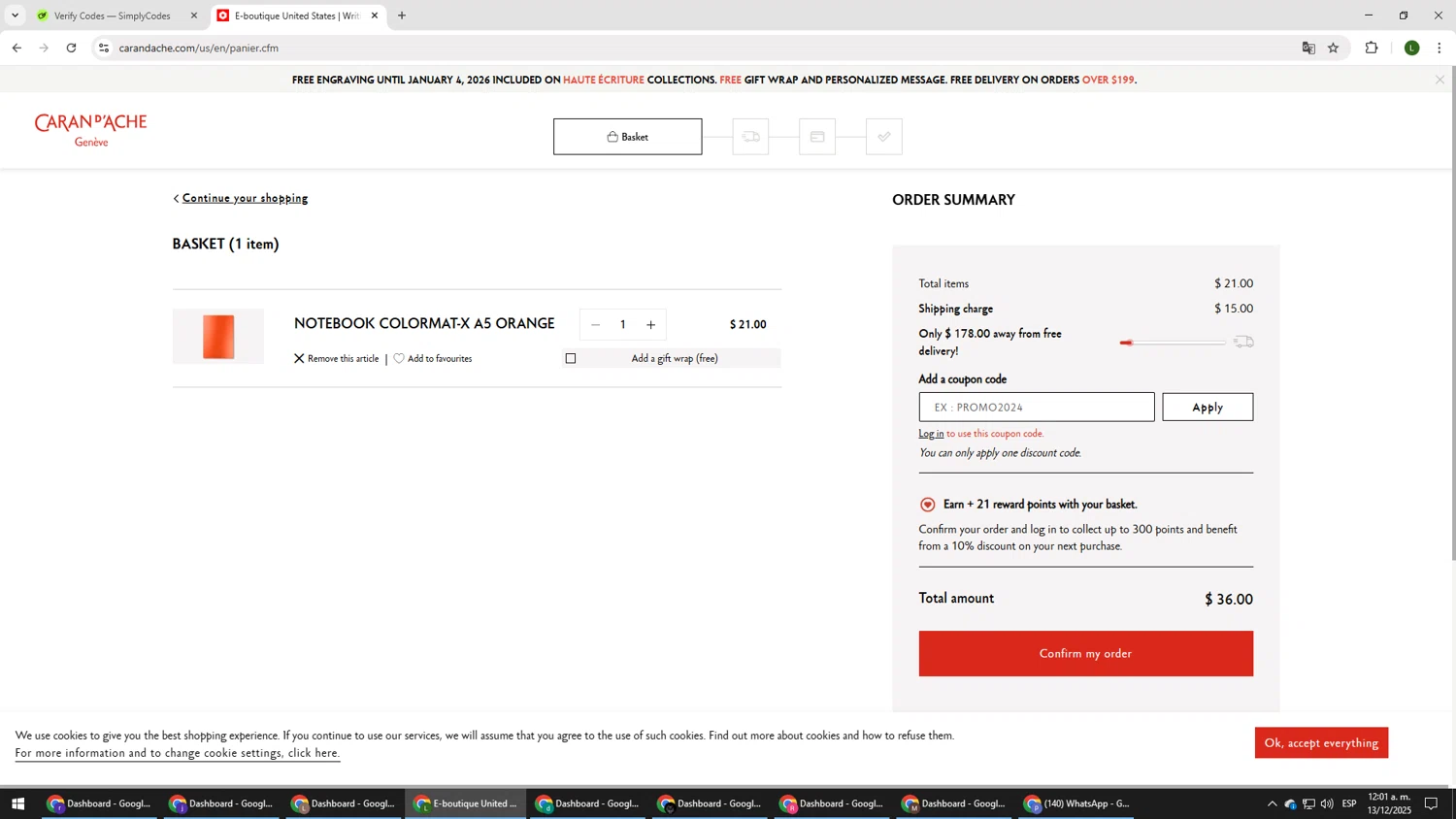 Caran d'Ache checkout page showing Caran d'Ache promo code box | Screenshot taken by SimplyCodes community member on Dec 13, 2025
