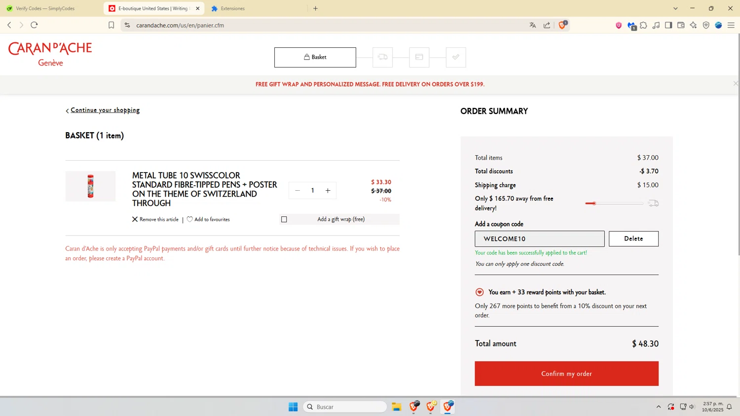 Caran d'Ache checkout page showing Caran d'Ache promo code box | Screenshot taken by SimplyCodes community member on Jun 10, 2025