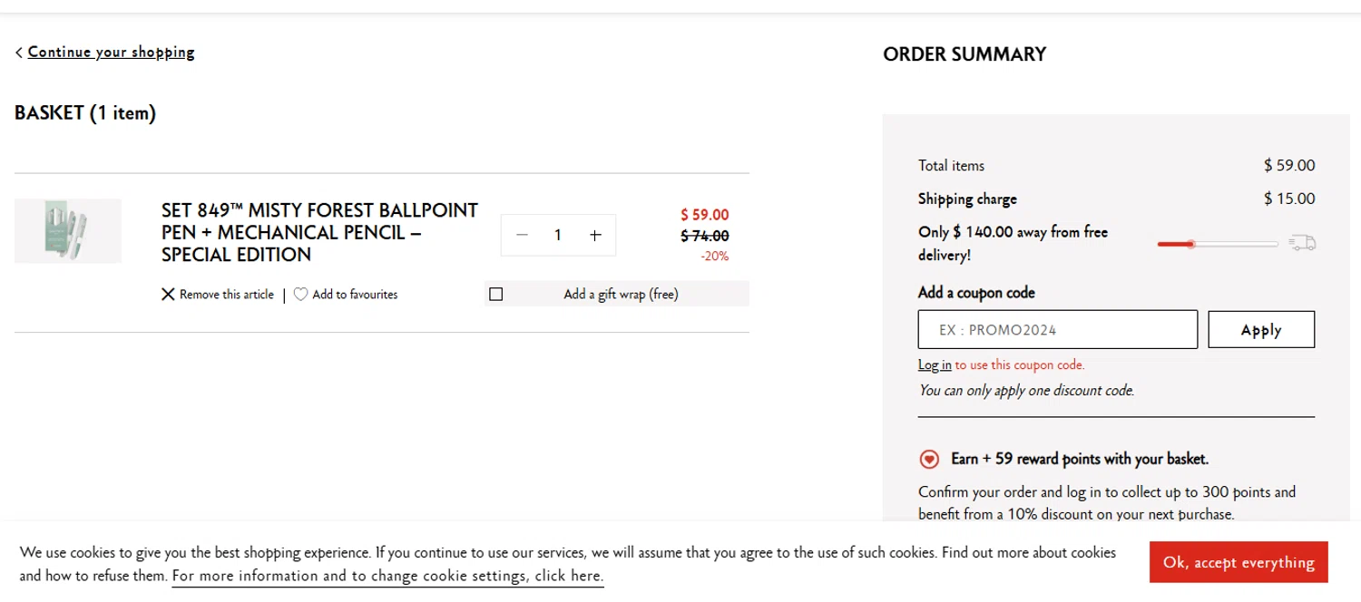 Caran d'Ache checkout page showing Caran d'Ache promo code box | Screenshot taken by SimplyCodes community member on Jan 22, 2026