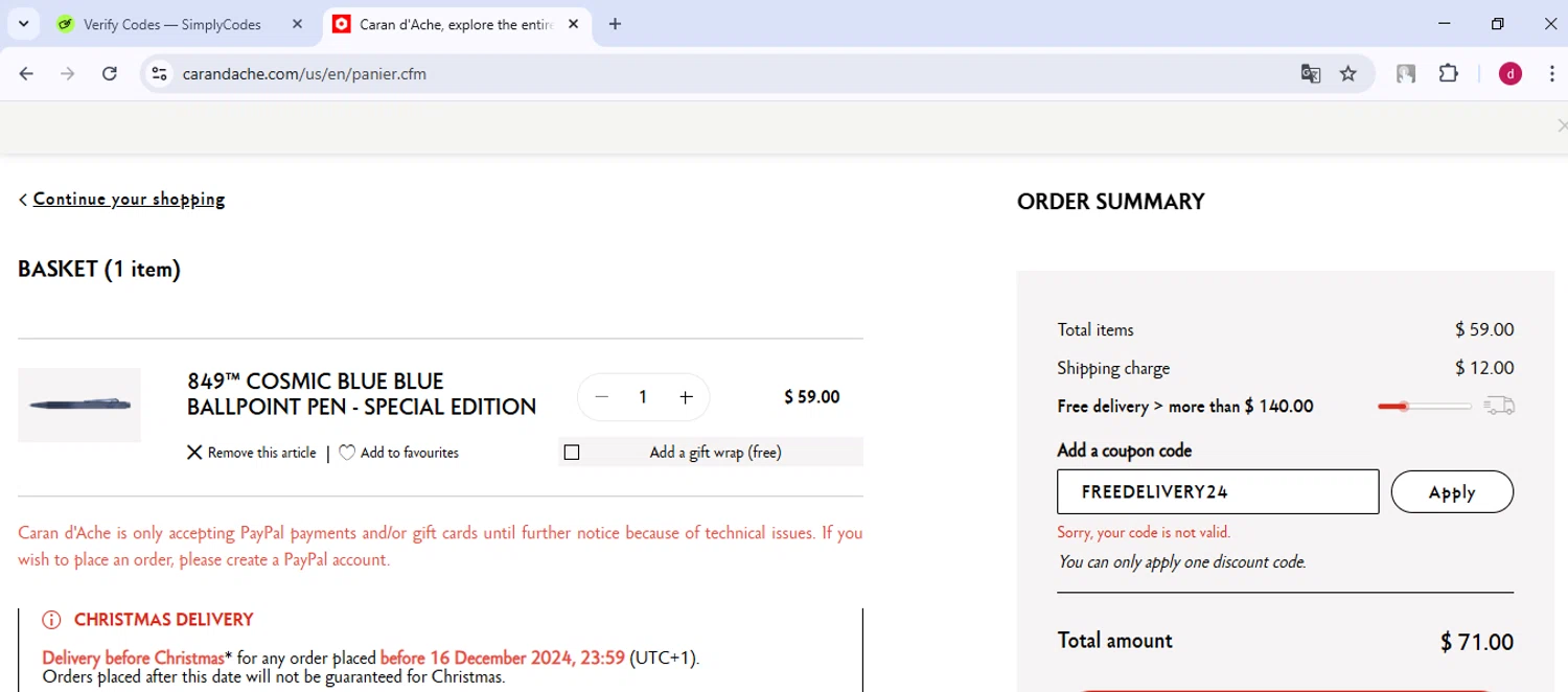 Caran d'Ache promo code screenshot showing code FREEDELIVERY24 applied at Caran d'Ache checkout page. Uploaded by SimplyCodes community member CleverNavigator9655 on Jan 28, 2025