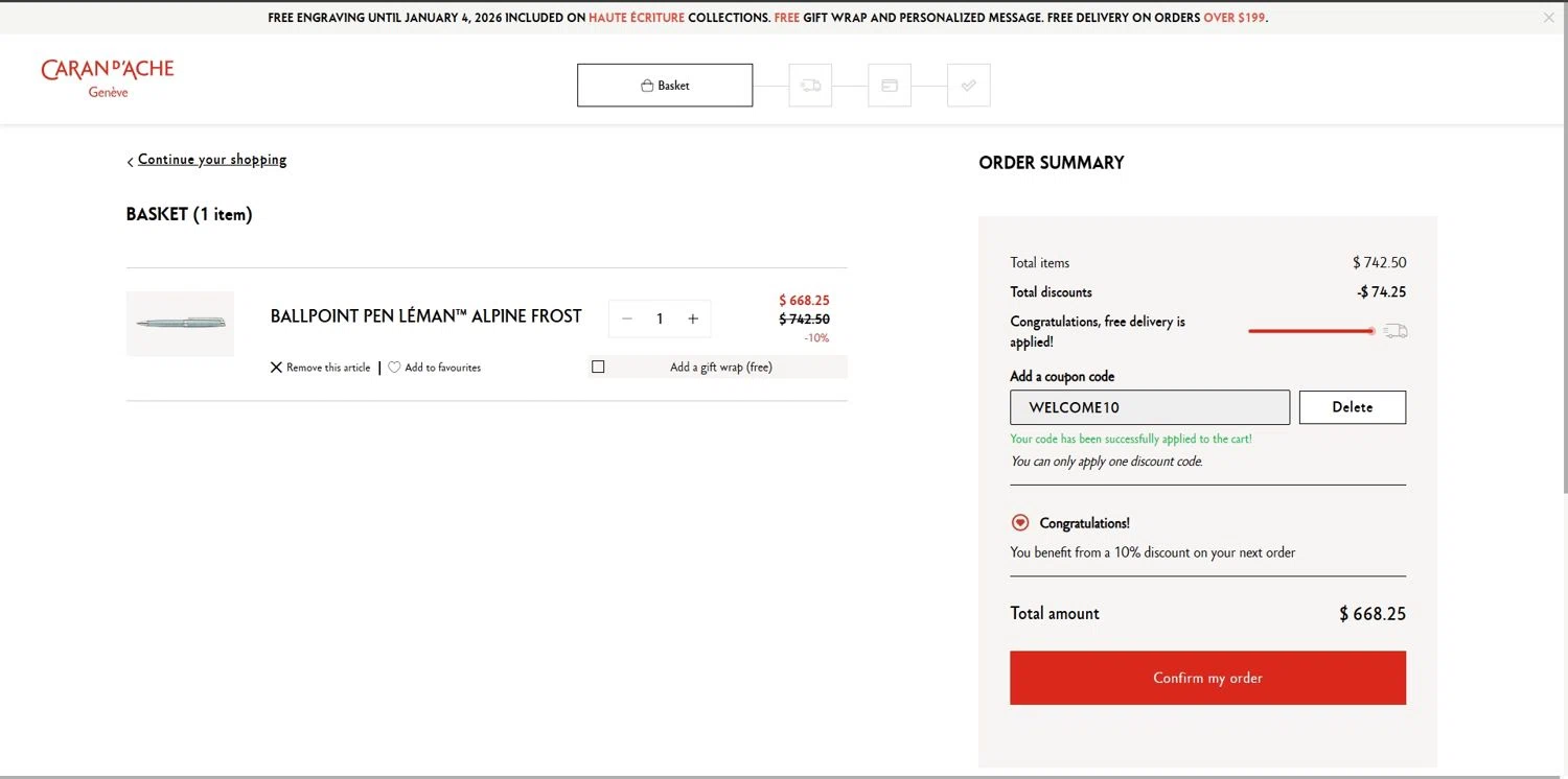 Caran d'Ache promo code screenshot showing code WELCOME10 applied at Caran d'Ache checkout page. Uploaded by SimplyCodes community member Depressive on Dec 13, 2025