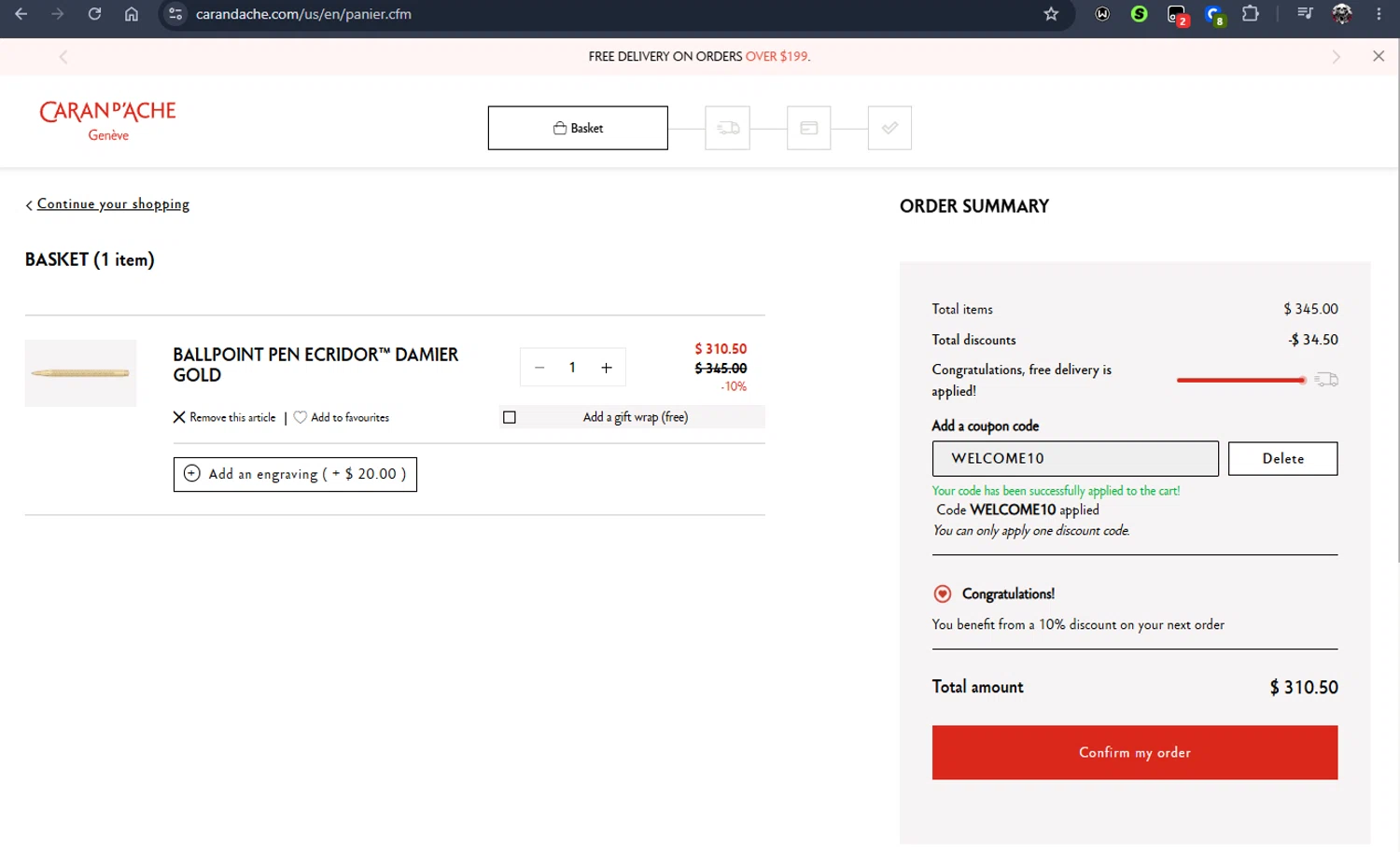 Caran d'Ache promo code screenshot showing code WELCOME10 applied at Caran d'Ache checkout page. Uploaded by SimplyCodes community member Jmhernand1 on May 29, 2026