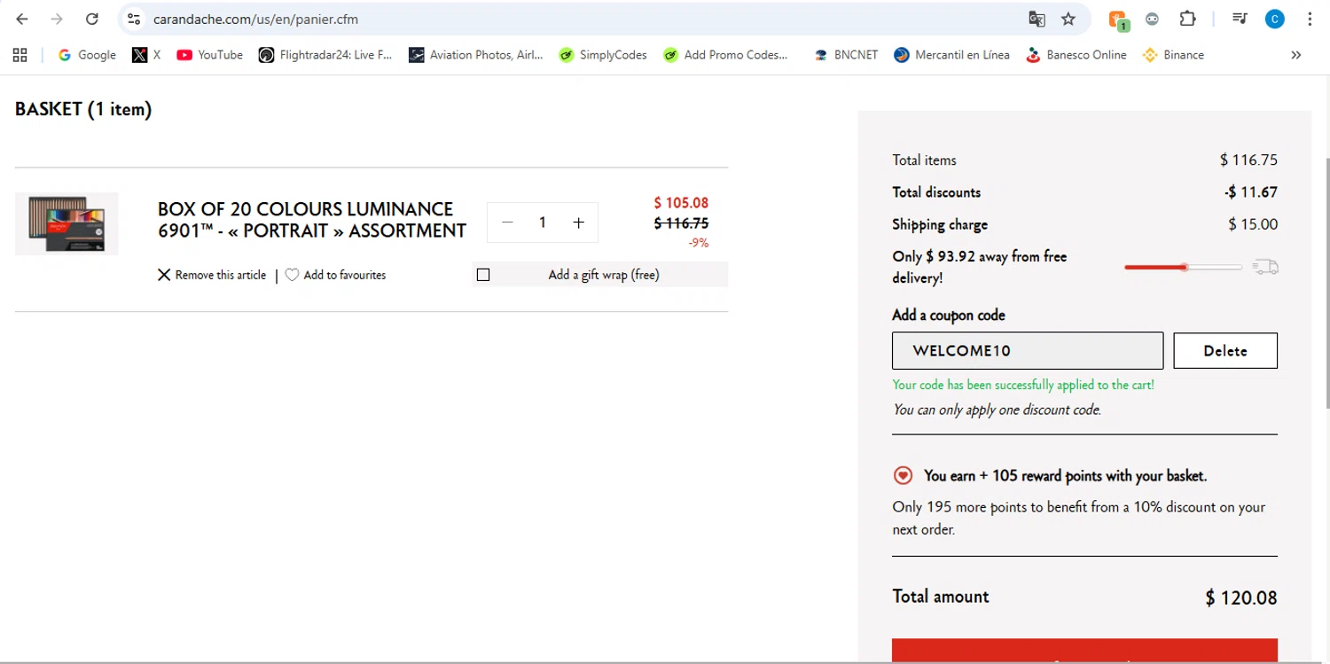 Caran d'Ache promo code screenshot showing code WELCOME10 applied at Caran d'Ache checkout page. Uploaded by SimplyCodes community member victor on Jan 28, 2026