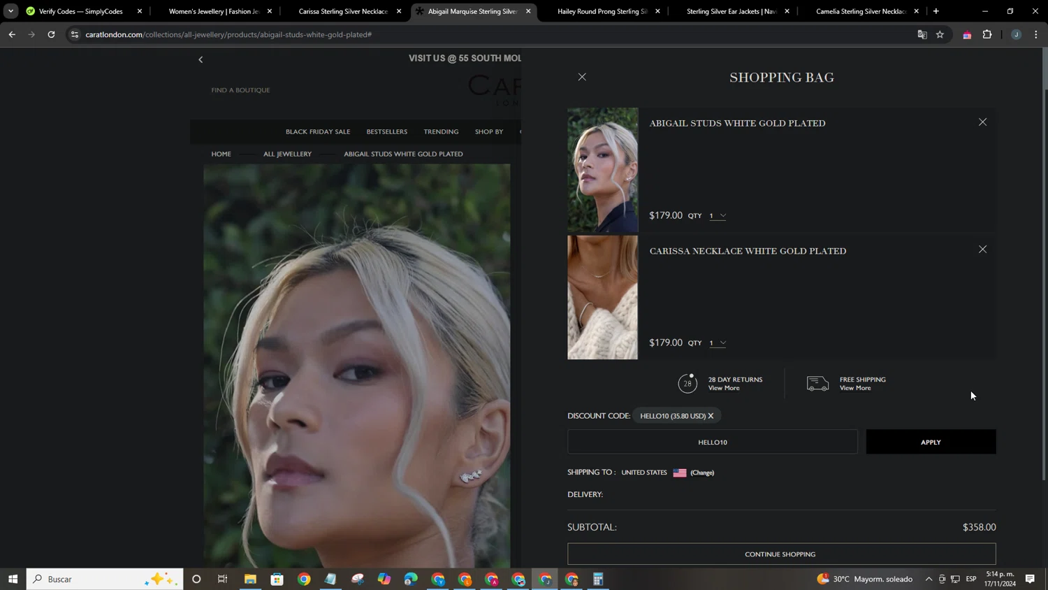 Carat London checkout page showing Carat London promo code box | Screenshot taken by SimplyCodes community member on Nov 17, 2024