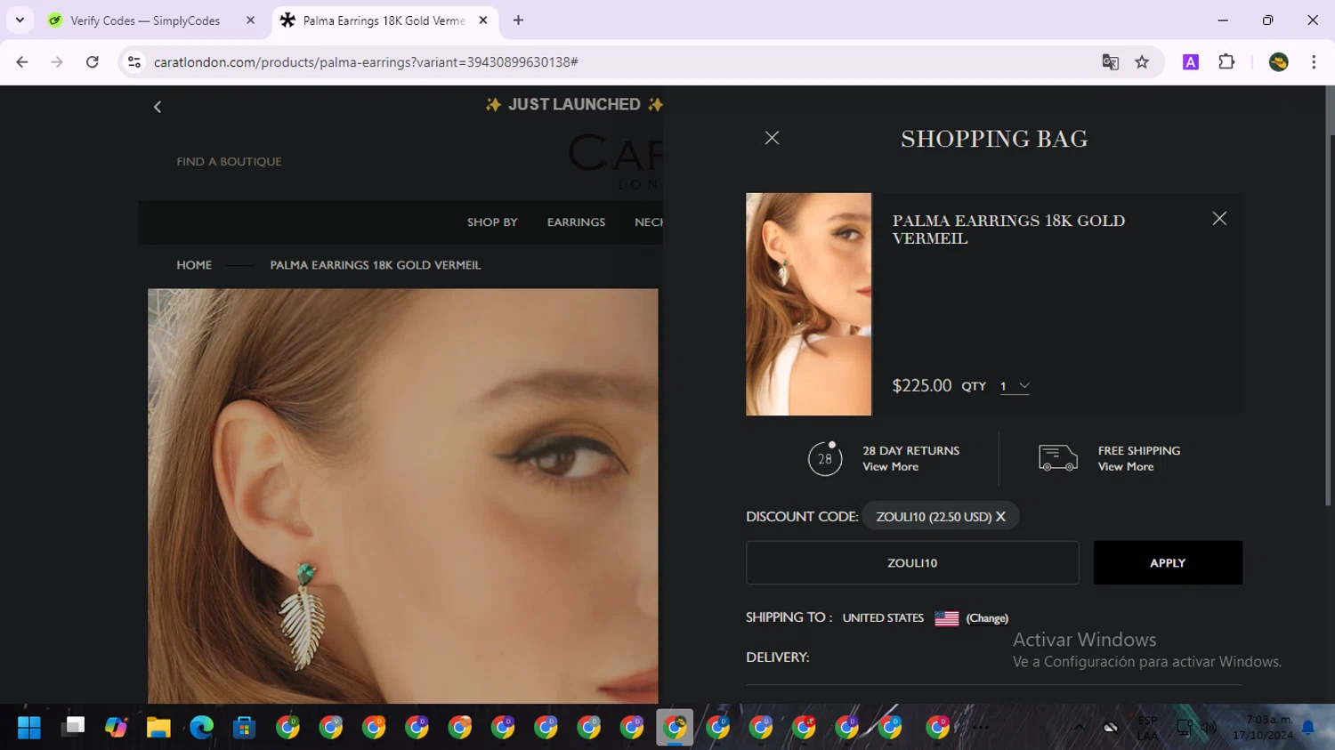 Carat London checkout page showing Carat London promo code box | Screenshot taken by SimplyCodes community member on Oct 17, 2024