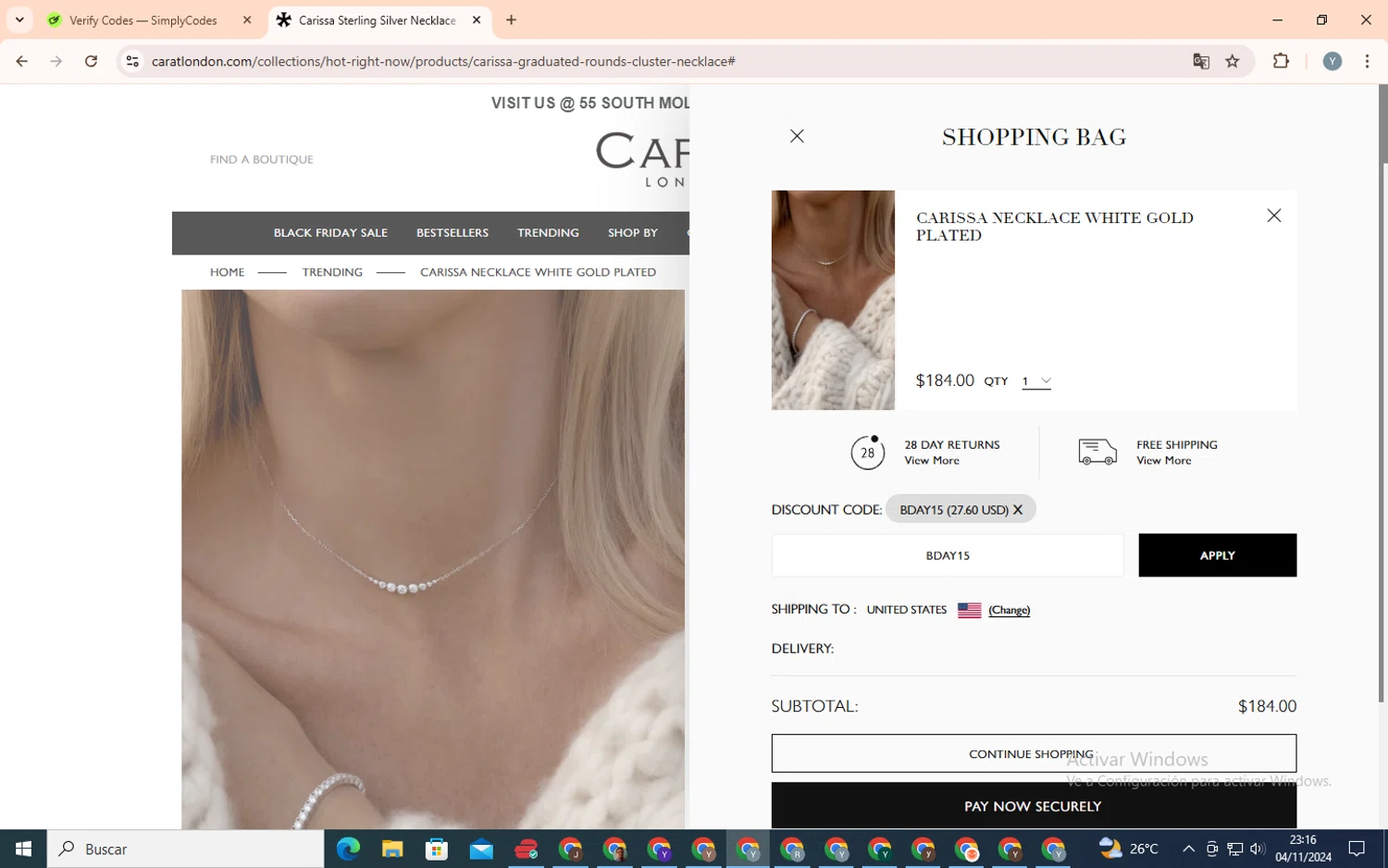 Carat London checkout page showing Carat London promo code box | Screenshot taken by SimplyCodes community member on Nov 5, 2024