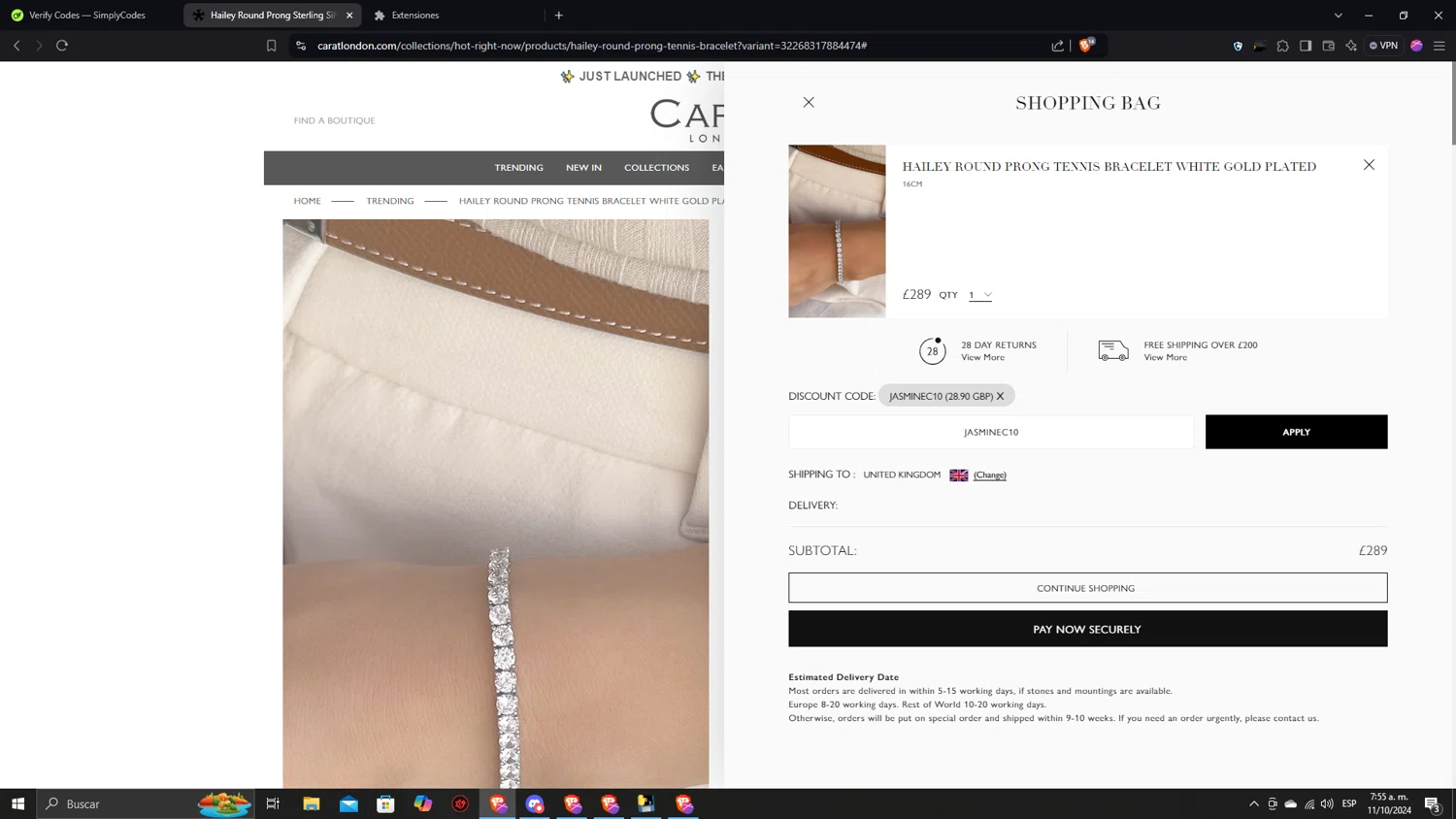 Carat London checkout page showing Carat London promo code box | Screenshot taken by SimplyCodes community member on Oct 11, 2024